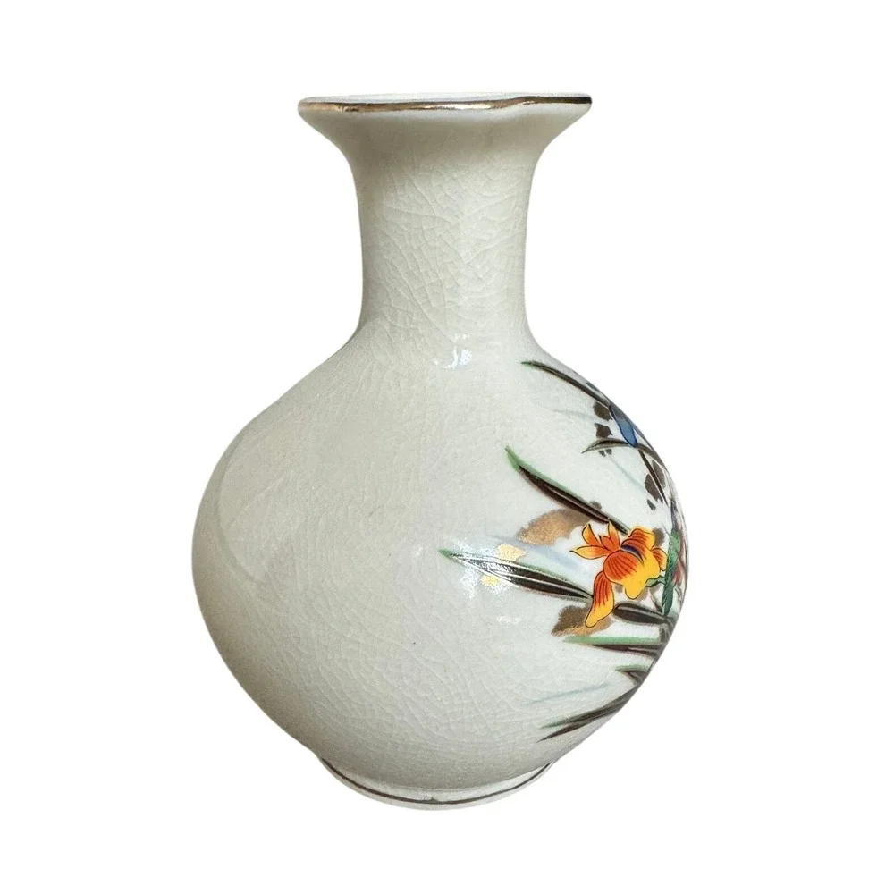 Vintage Japanese Satsuma Style Crackle Glaze Vase Kingfisher Iris Gold Trim 8